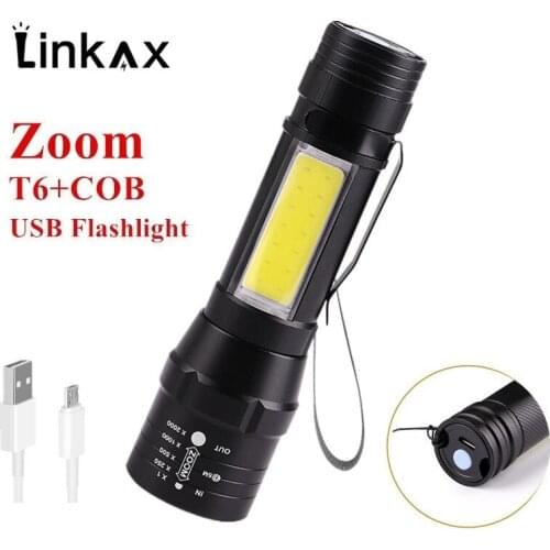 Rechargeable LED Flashlight T6 COB LED Light Portable Flashlight Built-in Battery Zoom Torch Outdoor Camping Hiking Flashlight