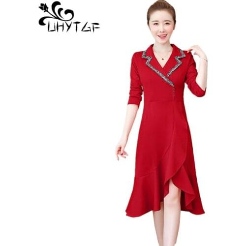 UHYTGF Women Dresses Fashion Lapel Long Sleeve Autumn Winter Dress Female Red Black Elegant party dress 5XLPlus Size Dresses 769