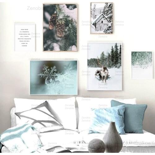 Nordic Posters and Prints Canvas Painting Deer Pine Forest Tree Snow Winter Wall Art Pictures for Living Room Home Decoration