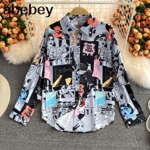 2021 New Spring Autumn Vintage turn-down collar long sleeve Shirt hit color print single breasted loose casual Shirt Top
