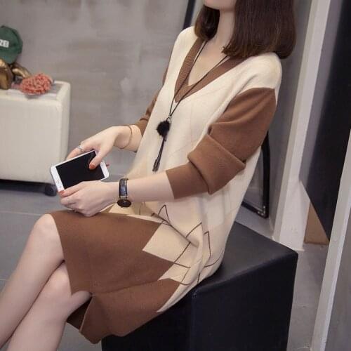 Women Autumn Pullovers Long Sweaters Dress Fashion V neck Knit Dress Oversized Vintage Patchwork Lady Knitted Jumper 4XL W1173
