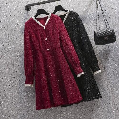 EHQAXIN Summer Autumn Womens Dresses Lace V-Neck Red Glitter A-Shaped Long Sleeve High Waist Dress Small Fragrant Style M-4XL