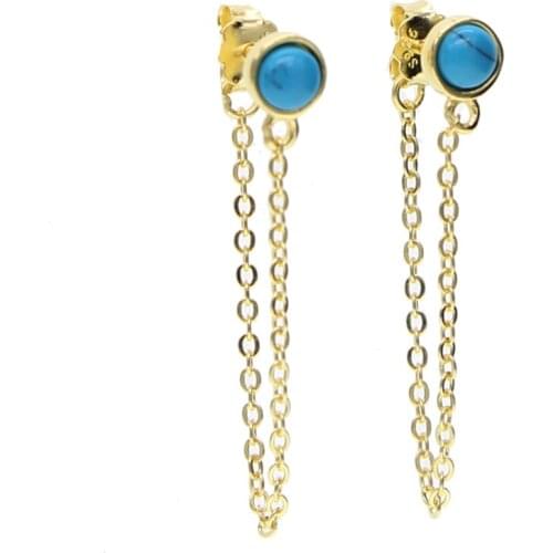 2021 fine 925 sterling silver long chain design gold silver color single turquoises stone stud unique women girl fashion earring