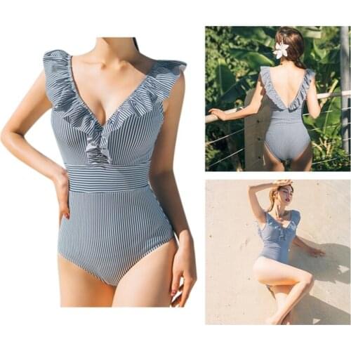 Sexy Female Retro V Neck Blue Striped Swimsuit One Piece Ruffled Push Up Padded High Waist Swimwear Women