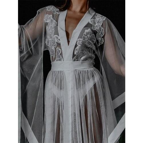 LO&LI Womens Wedding Tulle Lingerie Sexy Long Lace Dress Perspective Sheer Gown Kimono Robe Sleepwear Photography Pajamas