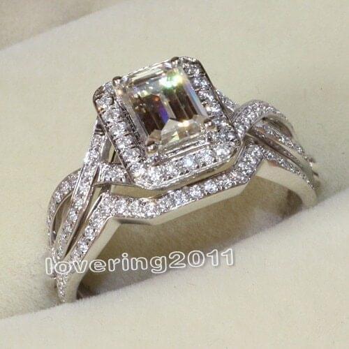 Fashion Jewelry Princess 3ct AAA CZ simulated stones 10KT White Gold Filled 2-in-1 Women Engagement Wedding Ring Set Size 5-11