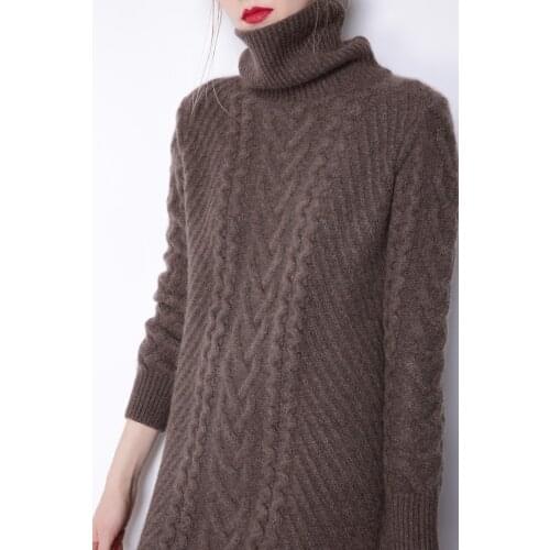 New winter cashmere long womens dress knit pullover twisted high collar slim warm sweater