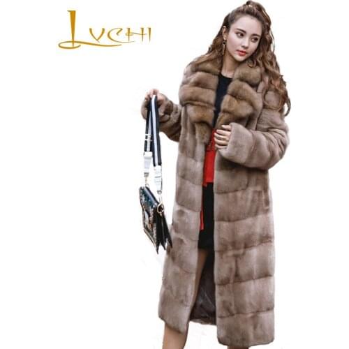LVCHI Winter 2019 Imports Swan Velvet Mink Coat Real Mink Fur Coat Natural Fur Striped Womens X-Long Turn-Down Collar Mink Coat