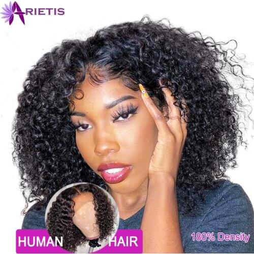 180% Brazilian Curly Human Hair Wig 4x1 T Part Bob Closure Wig Natural Hairline Short Deep Curly 13x1 T Part Bob Lace Front Wig