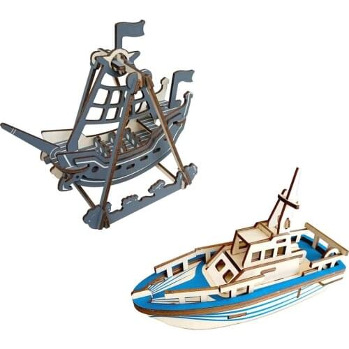 2Pcs Kids DIY Assembly Wooden 3D Life Boat Ship Model Jigsaw Puzzle Toy