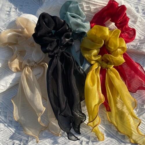 2021 Korea Organza Ribbon Hair Scrunchies For Girl Super Fairy Lace Bow Hair Rope Ring Ponytail Women Elastic Hair Band Headwear