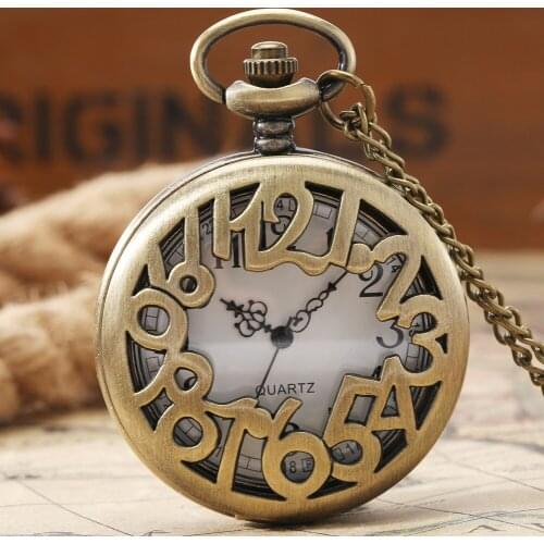 Hollow Design Bronze Pocket Watch Irregular Arabic Numerals Quartz FOB Watches White Dial Digital Pendant Clock For Men Women