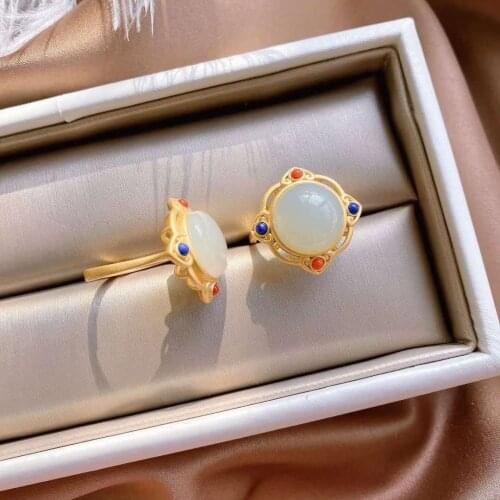 Natural Hetian Jade S925 Sterling Silver Ring Womens Ancient Natural White Jade Ring Open Mouth Womens Ring More than Gifts fo