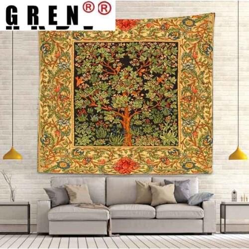 GREN Art Tapestry Tree of Life Bohemia Flower Art Wall Hanging for Living Room Background Cloth Home Decor Banner