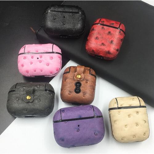 Genuine Leather Ostrich Skin Case For Apple Airpods Pro Wireless Bluetooth Case For Air Pod 1 2 Shockproof Protective Hard Cover