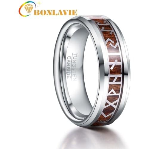 Retro Phoenician Text Pattern Wood Inlay Groove Tungsten Carbide Rings Tungsten Carbon Engagement Mariage Mens Jewellery