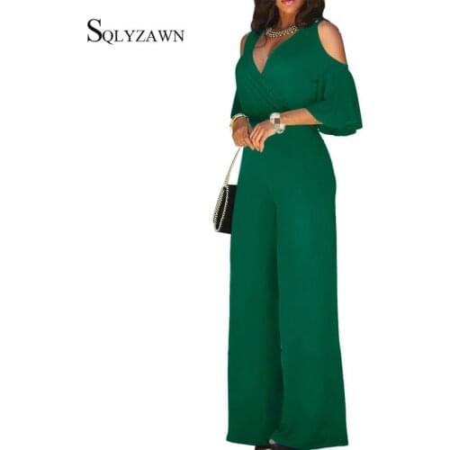 Women Sexy Off Shoulder Flare Sleeve Palazzo Wide Leg Pants Jumpsuit Vintage Elegant Loose Romper Streetwear V Neck Long Overall