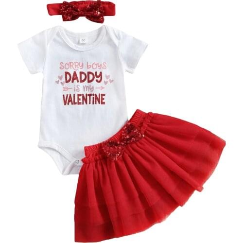Three Piece Baby Girl’s Outfits Suit Fashion Letter Printed Romper and Sequin Bow Gauze Skirt with Headband