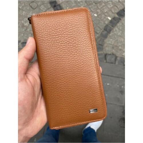 Karali Leather Phone Compartment Tan Zipper Genuine Leather Wallet