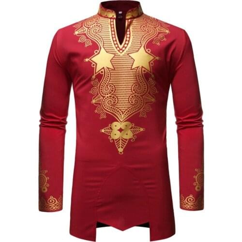 Red Stand Collar African Dashiki Print Shirt Men Nice Fashion Long Sleeve African Shirt Men Streetwear African Clothes Chemise