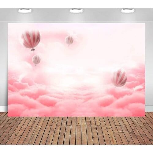 Sweet Hot Air Balloon In Dreamy Sky with Pink Clouds Background Girl Birthday Party Decoration Photography Backdrop Baby Banner