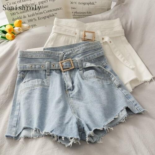 Fashion All-match High Waist Denim Shorts Women Tassel Burrs Jeans Shorts Female A-Line Hot Wide Legged Casual Shorts With Belt