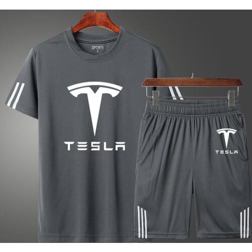 2021Summer Tesla car Logo Printing Mens T-shirt Fashion Casual Cotton High Quality Mens short sleeve + shorts two-piece suit