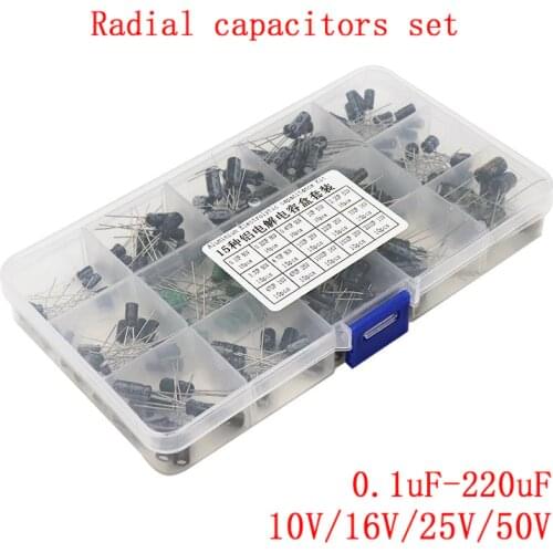 200pcs/lot Radial capacitors set 15Values 0.1uF-220uF Electrolytic Capacitor Assortment Kit 10V/16V/25V/50V capacitor pack