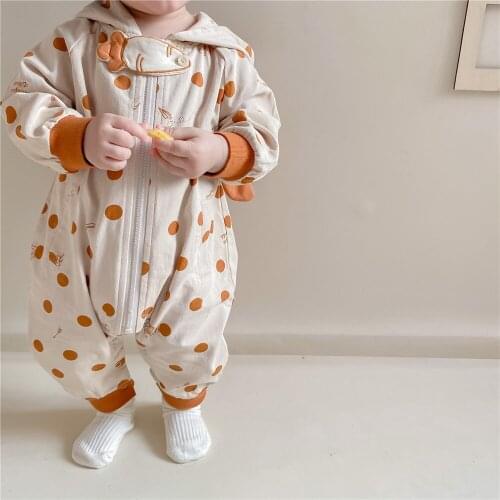 2021 Autumn New Baby Hooded Romper Cartoon Carrot Print Jumpsuit Boys And Girl Long Sleeve Clothes Newborn Zipper Romper