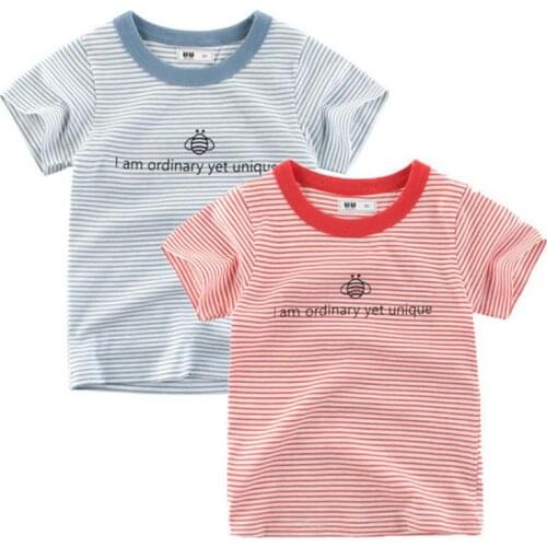 New arrival letter atriped print cotton t shirt summer o-neck short sleeve boy girl tops 2 3 4 5 6 7 year clothing
