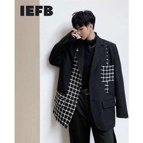 IEFB Oversize Loose black paid patchwork suit coat mens Asymmetric janpanese streetwear fashion blazer Jacket autum new 9Y347