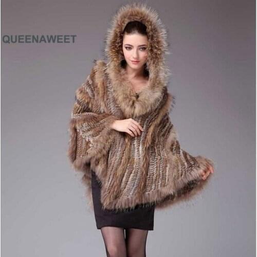 Genuine Knitted Rabbit Fur Hodded Poncho Raccoon Fur Womens Wrap Cape Jacket Coat