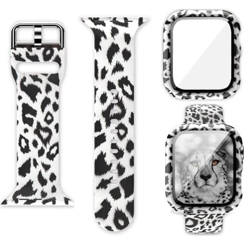 Band+Case+Tempered Glass Full Cover for Apple Watch 44 42 38 40 Silicone 304 Stainless Buckle Leopard Stylish Strap Wristband