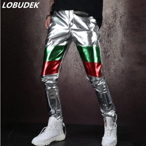 Silver PU Leather Long Pants Man Slim Casual Pants Male Punk Singer Rock Hip Hop Fur Trousers Nightclub Dancer Concert Costume
