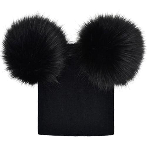 Baby Girls Boys Double Pompom Hat Crochet Knitted Winter Warm Faux Fur Ball Hat Beanie Bonnet