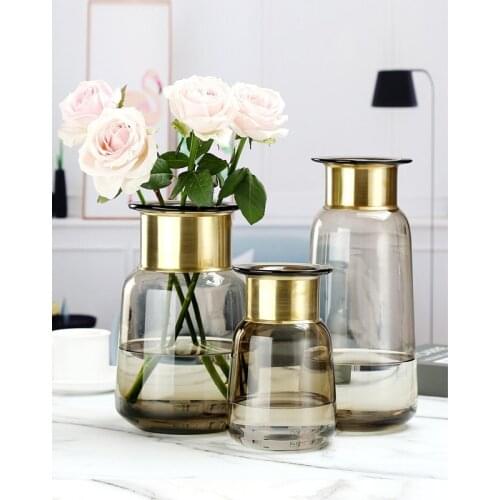 Nordic Retro Metal Copper ring glass vase Manual blowing Hydroponic Dry Flower art Vases Wedding Home Decoration