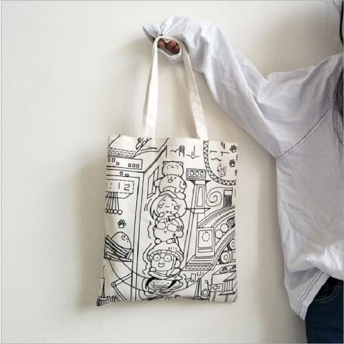 Female Handbag Ins Fashion Large Capacity Underarm Book Bag Women Casual Simple Cartoon Print Canvas Tote Bags Сумка Женская