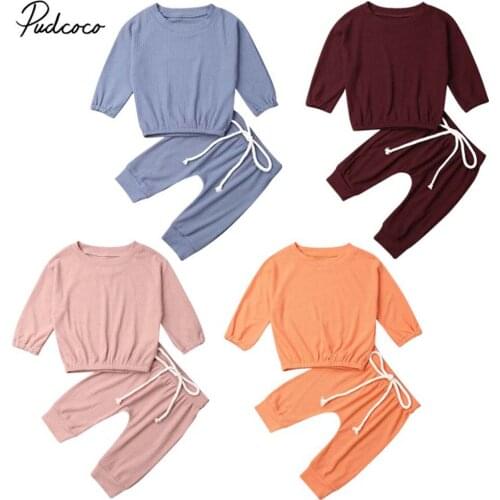 2019 Baby Spring Autumn Clothing Infant Baby Girl Clothes Solid Color Tops T-shirt Long Pants 2Pcs Set Ribbed Tracksuit Outfit