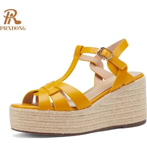 2021 New Brand Genuine Leather Women Sandals Fashion Wedges Peep Toe Platform Shoes Woman Summer T-Strap Dress Party Shoes Woman