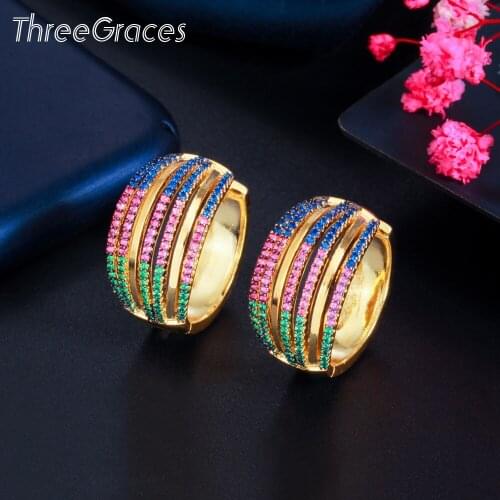 ThreeGraces Geometric Round Shape Shining Red Green CZ Crystal Gold Color Luxury Party Jewelry Hoop Earrings for Women ER583