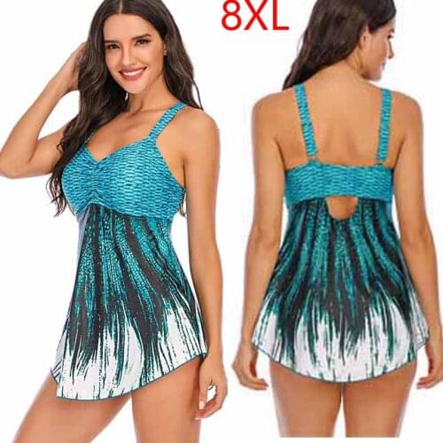 Plus Size 8XL Women Split Swimsuit Summer Two Piece Printed Tankini Beach Swimwear Bathing Suit Padded Swimdress and Shorts 2020