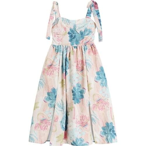 Summer 2021 French Vintage Floral Print Bandage Strap Midi Dress Women Tender Temperament High Waist Draped Slim Dresses Female