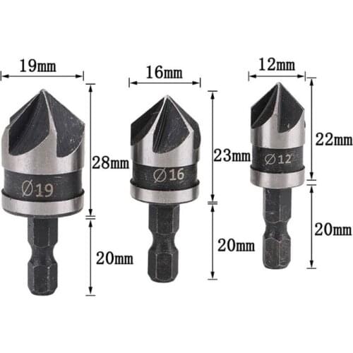 3pcs/set 90 Degree 1/4 Hex Drill Rod 5 Flute 12mm 16mm 19mm Wood Debur Counter 50JC