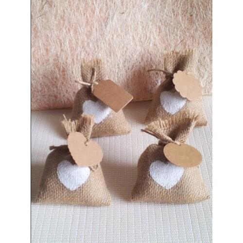 50set European-style garden wedding jute white love candy bags gift bags with kraft paper DIY label burlap bags sacks(14x10cm)