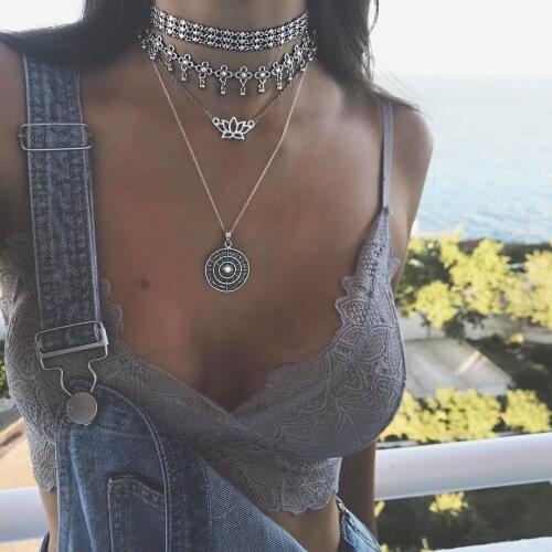 Bohemia Wind Lotus Twelve Constellation Disc Multi Layer Necklace Long Pendant Antique Silver Color Choker