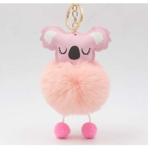 Cute Koala Pompom Owl Keychain Pom Pom Key Chain Rabbit Fur Ball Pompon Porte Clef Fluffy Leather Key Ring Accessories Jewelry