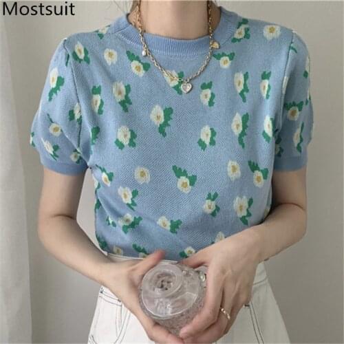 Floral Knitted Crop Tops Pullover Women Summer Short Sleeve O-neck Slim Short Sweater Korean Vintage Fashion Ladies Jumpers 2021