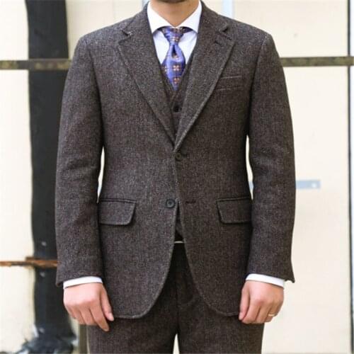Elegant Grey Tweed Formal Men Suit Slim Fit Wool Stylish Custom Mens Tuxedo Costume Homme Traje Hombre Mens Suits 3 Piec