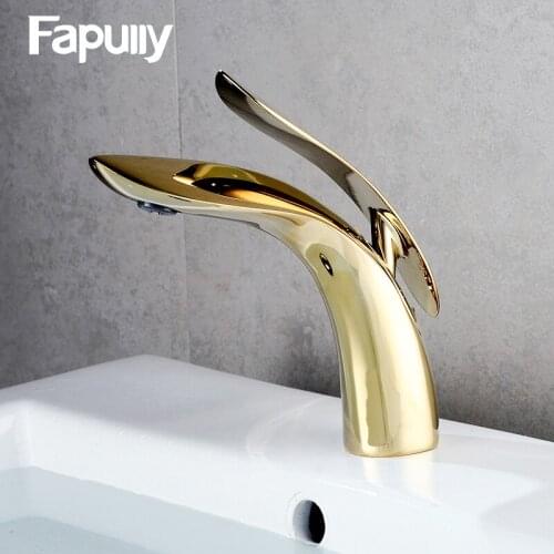 Fapully New Brass Basin Sink Faucet Mixer Cold And Hot Curve Single Handle Spout Bathroom Water Sink Mixer Tap Faucets 1089-11G
