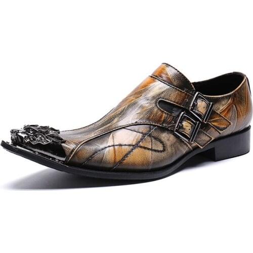 Italian Leather Mens Dress Shoes Vintage Metal Pointed Toe Chaussure Homme Luxury Male Formal Party Flats Shoes,38-46